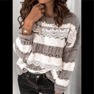 Rare Vintage Style Striped Patchwork Lace Trim Design Gray & White Sweater